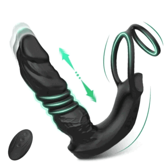 Vibrating Thrusting Prostate Massager With Dual Cock Rings